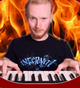 Brent Morden playing keyboard surrounded by flames
